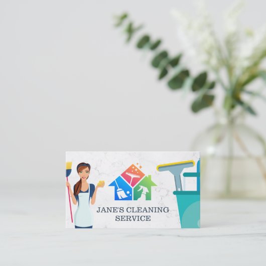 クリーニングサービス | ほうき付きメイド | 大理石 名刺 (スタンド正面)