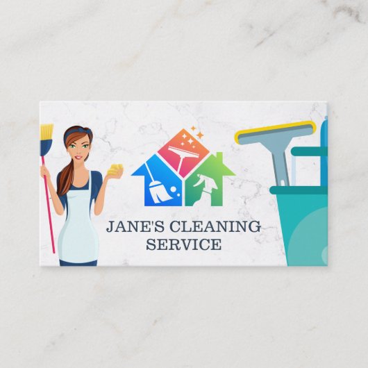 クリーニングサービス | ほうき付きメイド | 大理石 名刺 (正面)