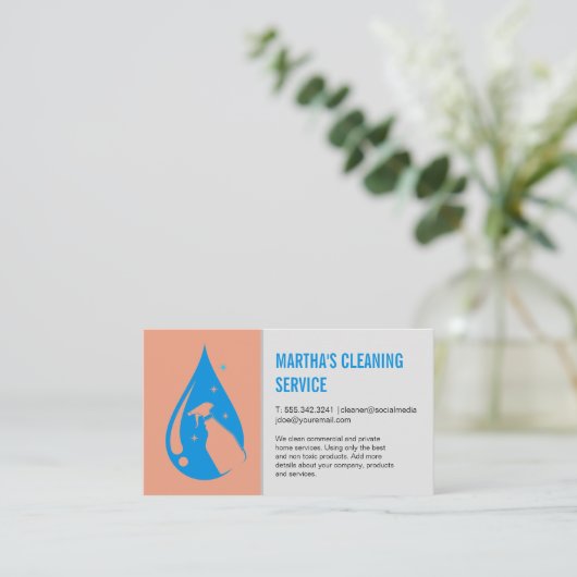 クリーニングサービス |ウォータードロップクリーニングスプレーロゴ 名刺 (スタンド正面)