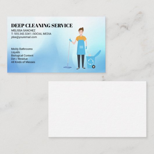 クリーニングサービス | ゴミを持ってモッピングしている女性 名刺 (正面/裏面)
