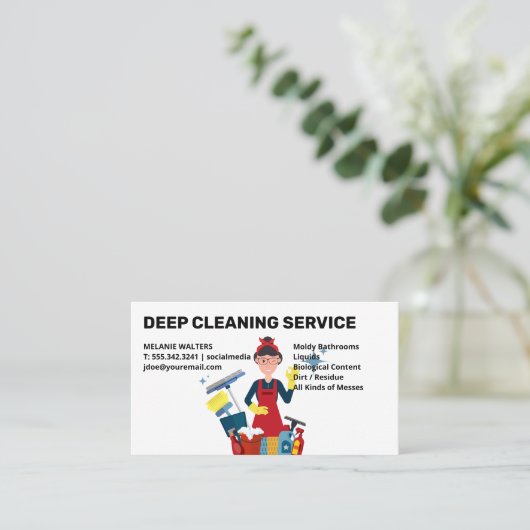 クリーニングサービス | ツールを使用したメイドクリーニング 名刺 (スタンド正面)
