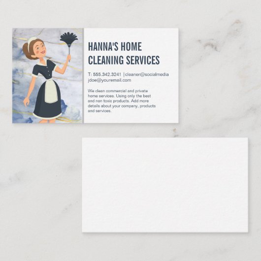クリーニングサービス | 羽毛ダスター付きメイド 名刺 (正面/裏面)