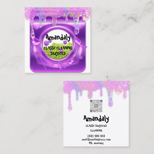 クリーニングサービスQRCode洗濯乾燥機パープル石鹸 スクエア名刺 (正面/裏面)