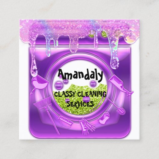 クリーニングサービスQRCode洗濯乾燥機パープル石鹸 スクエア名刺 (正面)