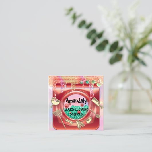 クリーニングサービスQRCode起動金ゴールドドライバ スクエア名刺 (スタンド正面)