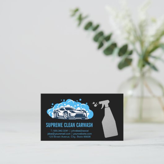 クリーニングスプレーボトル | Carwashロゴ名刺 名刺 (スタンド正面)
