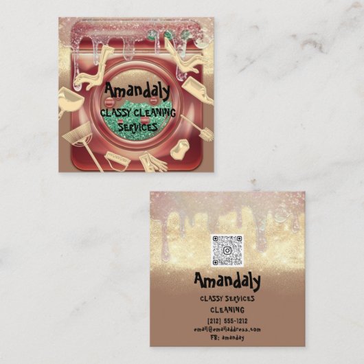 クリーニングハウスサービスQRコード石鹸金ゴールド石鹸 スクエア名刺 (正面/裏面)