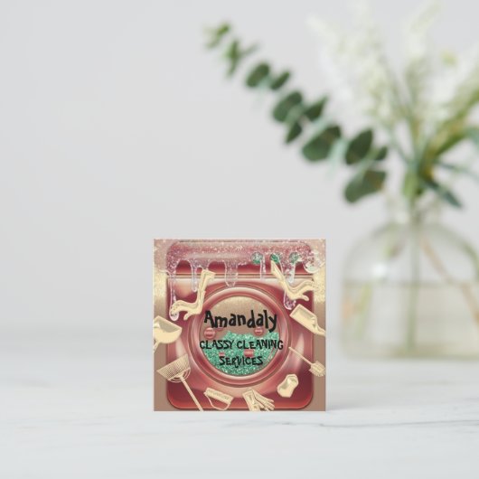 クリーニングハウスサービスQRコード石鹸金ゴールド石鹸 スクエア名刺 (スタンド正面)