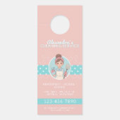 クリーニング女漫画ピンクとティール（緑がかった色）水玉模様 ドアノブサイン (正面)