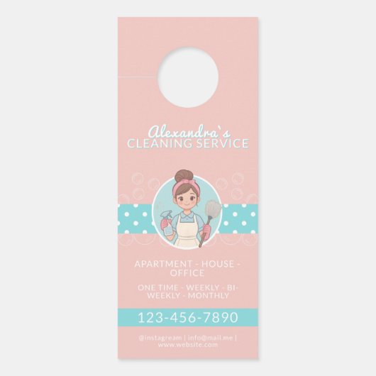 クリーニング女漫画ピンクとティール(緑がかった色)水玉模様 ドアノブサイン