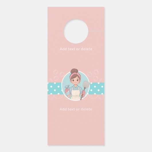 クリーニング女漫画ピンクとティール（緑がかった色）水玉模様 ドアノブサイン (裏面)