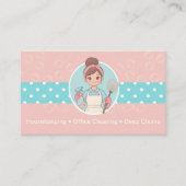 クリーニング女漫画ピンクとティール（緑がかった色）水玉模様 名刺 (正面)