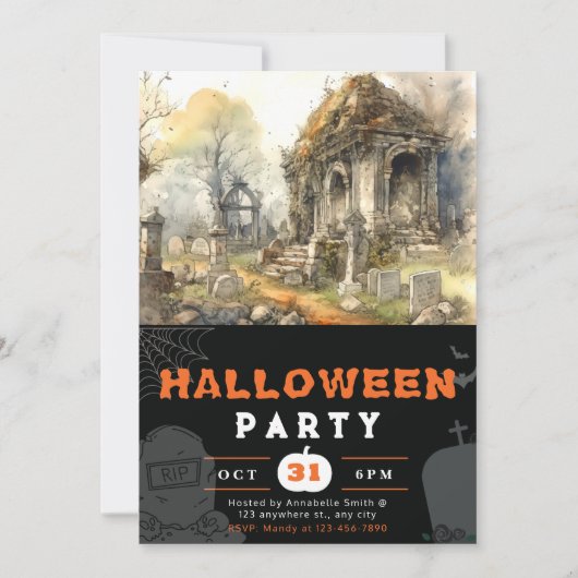 クリーピーで怖い墓地の黒いハロウィン 招待状 (正面)