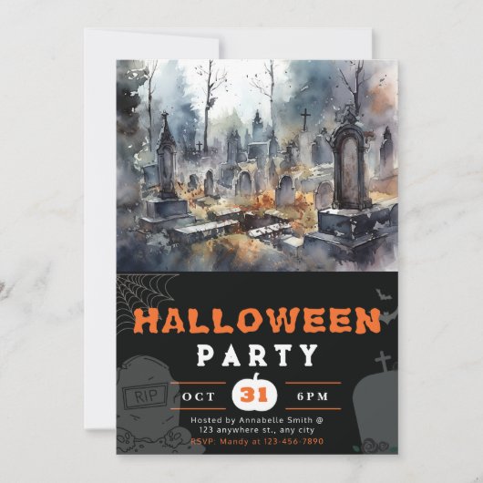 クリーピーで怖い墓地の黒いハロウィン 招待状 (正面)