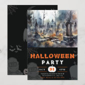 クリーピーで怖い墓地の黒いハロウィン 招待状 (正面/裏面)