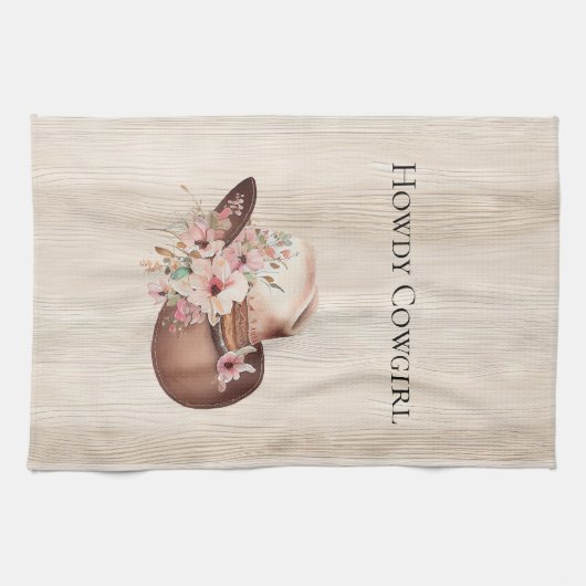 クリーフェイクム素朴ウッドピンクローズ女性のカーボーイ キッチンタオル (横)