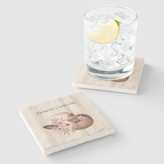 クリーフェイクム素朴ウッドピンクローズ女性のカーボーイ ストーンコースター (横)