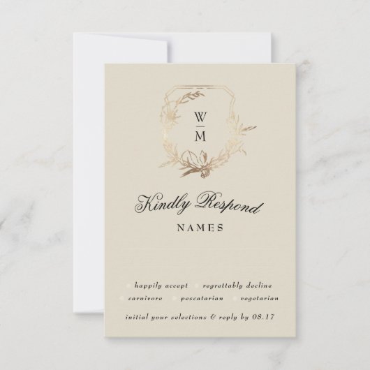 クリーフォーマルム&ブラックモノグラム金ゴールド植物モチーフ 出欠カード (正面)