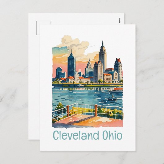 クリーブランドオハイオハイオウォーターカラースカイライン シーズンポストカード (正面/裏面)