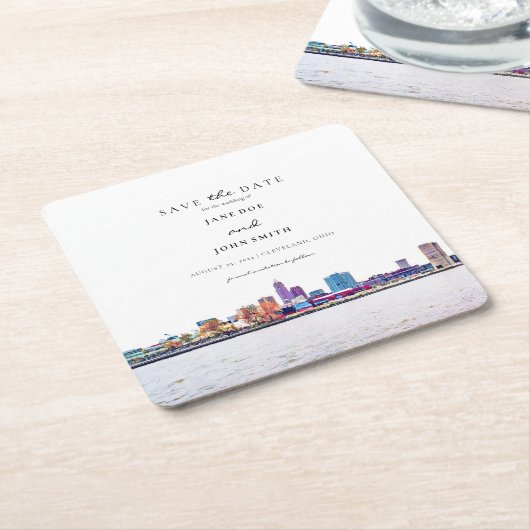 クリーブランドスカイライン紙コースター日付を保存 スクエアペーパーコースター (アングル)