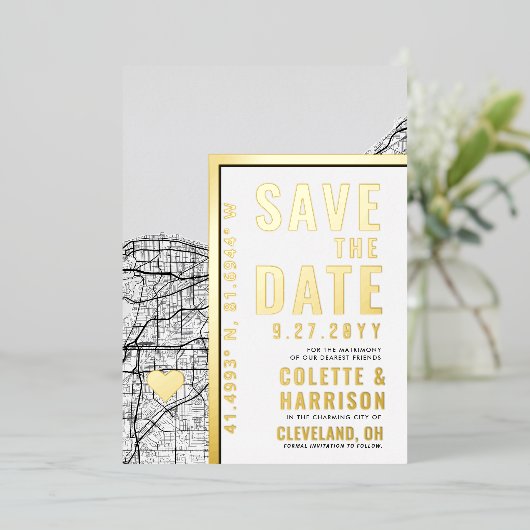 クリーブランドラブロケーター |結婚式の日付の保存 箔招待状 (立ち正面)