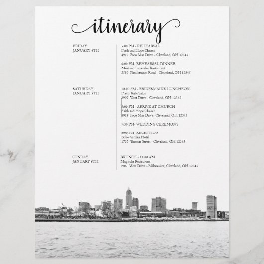 クリーブランド結婚の週末のウェルカム旅程 (裏面)