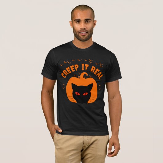 クリープ・イット・リアル・ハロウィン+面白い猫 Tシャツ (正面フル)