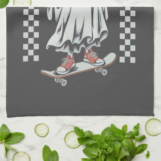クリープit実在レトロハロウィーンスケート幽霊 キッチンタオル (折り畳み)