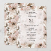 クリーミーなブラウンのブッシュピンクの花の誕生日 招待状 (正面/裏面)