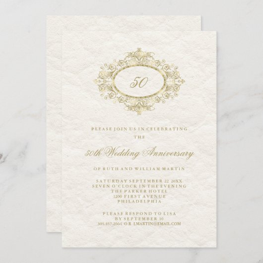 クリーミーなホワイトにフェイクゴールドの50周年結婚記念日 招待状 (正面/裏面)
