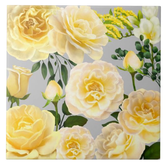 クリーミーイエローローズヴィンテージフローラオングレイ タイル (正面)