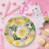クリーミーイエローローズヴィンテージフローラオングレイ ペーパープレート (パーティー)