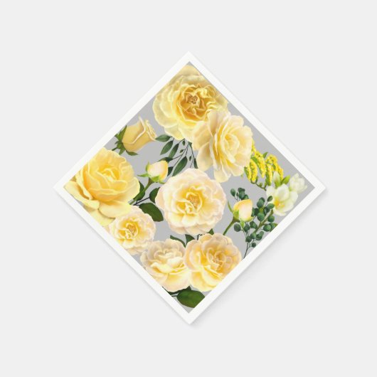 クリーミーイエローローズヴィンテージフローラオングレー スタンダードカクテルナプキン (角)