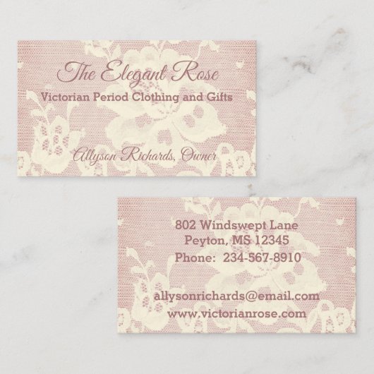 クリーミーエレガントホワイトヴィンテージフローラレースon Mauve 名刺 (正面/裏面)