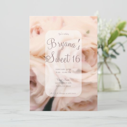 クリーミーソフトピンクピーチバラエレガントズスウィート16 招待状 (スタンド正面)