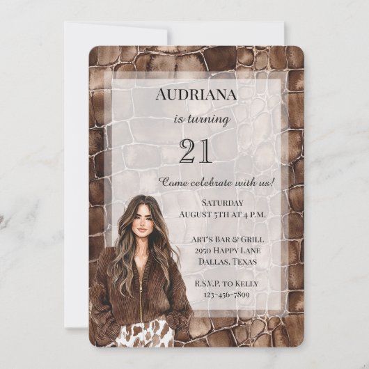 クリーミーブラウンチョコレートブラウンヘアガール誕生日 招待状 (正面)