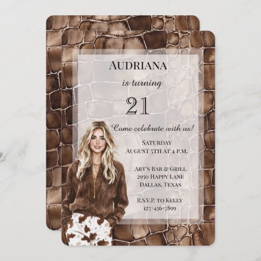 クリーミーブラウンチョコレートブロンドガール誕生日 招待状 (正面/裏面)