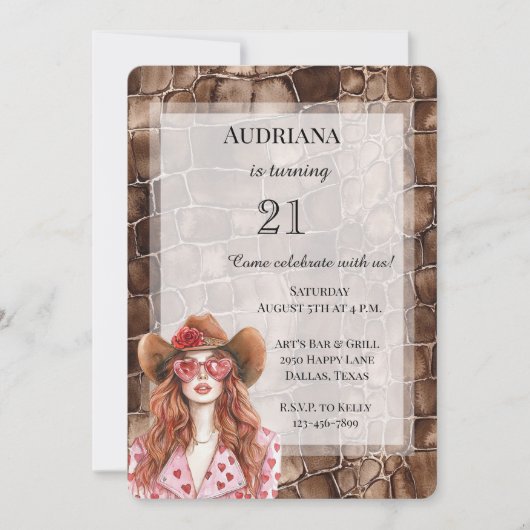 クリーミーブラウンチョコレートレッドヘアガール誕生日 招待状 (正面)