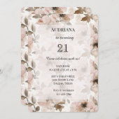 クリーミーブラウン赤面ピンクフローラ誕生日 招待状 (正面/裏面)