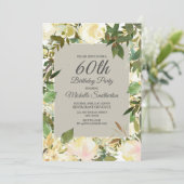 クリーミーホワイトの花とセージグリーンの60歳の誕生日 招待状 (スタンド正面)