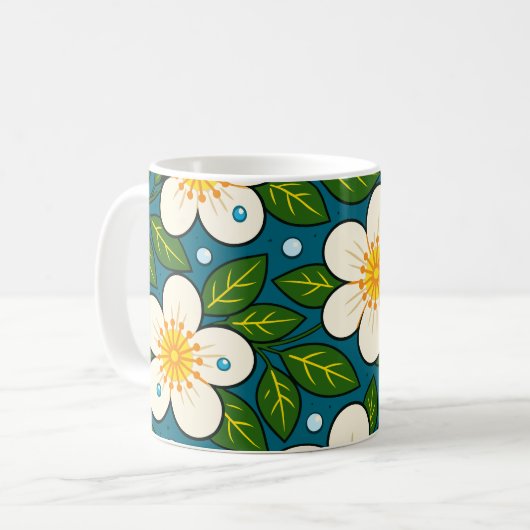 クリーミーホワイトの花柄とグリーンの葉 コーヒーマグカップ (正面左)