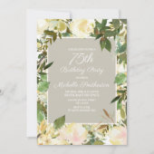 クリーミー白フローラ植物学75誕生日 招待状 (正面)