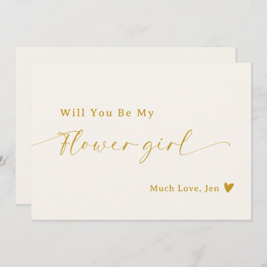 クリーミー白金ゴールドスクリプトフラワーガール提案カード 招待状 (正面/裏面)