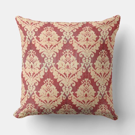 クリームおよび赤のヴィンテージのダマスク織パターン クッション (正面)
