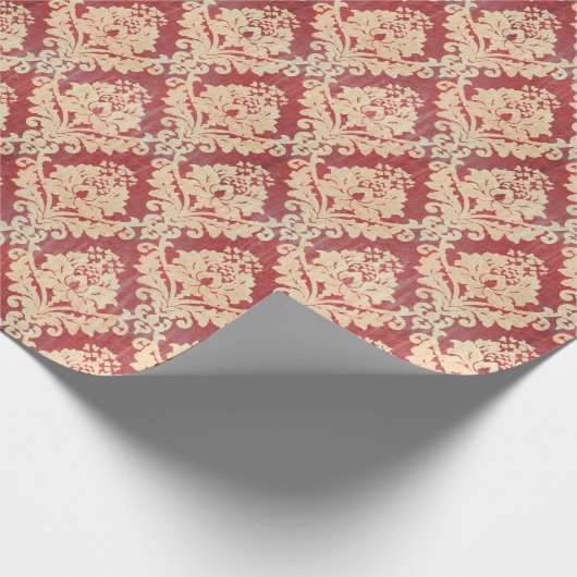 クリームおよび赤のヴィンテージのダマスク織パターン ラッピングペーパー (角)