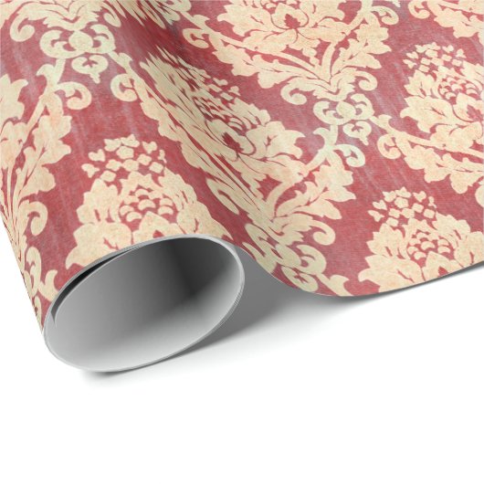 クリームおよび赤のヴィンテージのダマスク織パターン ラッピングペーパー (ロールコーナー)