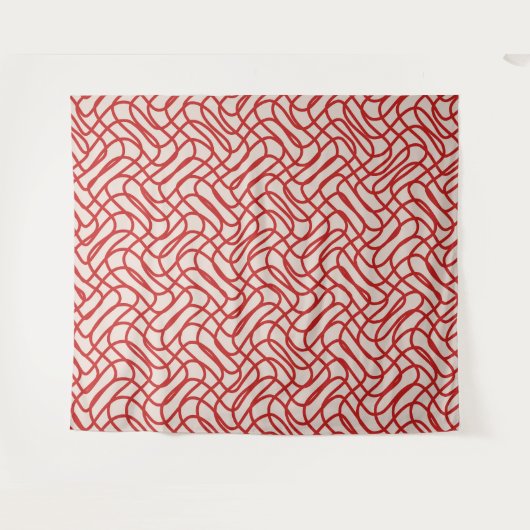 クリームおよび赤抽象芸術線パターン タペストリー (正面(横))