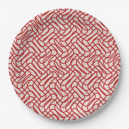 クリームおよび赤抽象芸術線パターン ペーパープレート (正面)