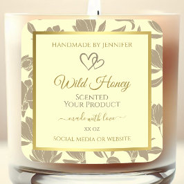 クリームおよび金ゴールドフローラ製品ラベルとハート スクエアシール