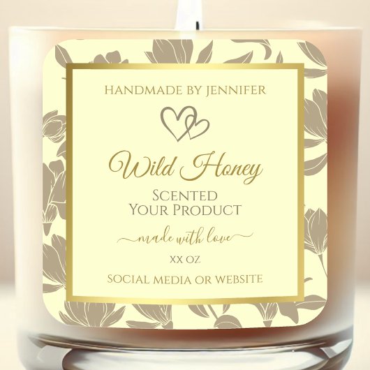 クリームおよび金ゴールドフローラ製品ラベルとハート スクエアシール